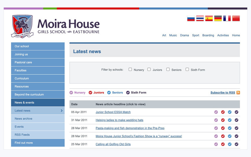 La page d’actualités de Moira House, filtrée par maternelle, primaire, secondaire et lycée