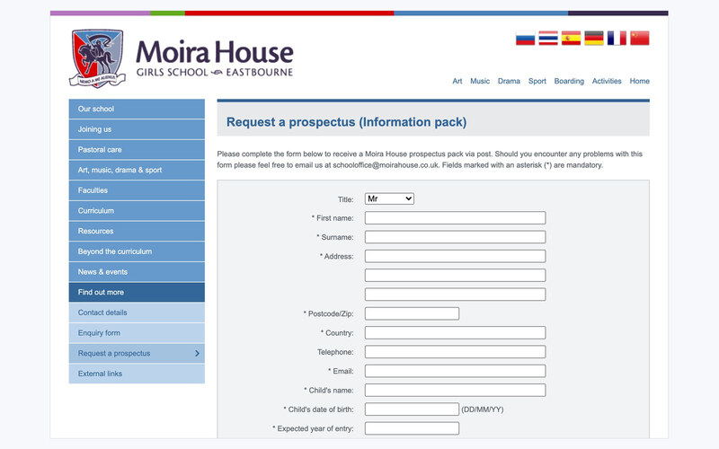The Moira House prospectus request form, asking for the child’s details and year of entry