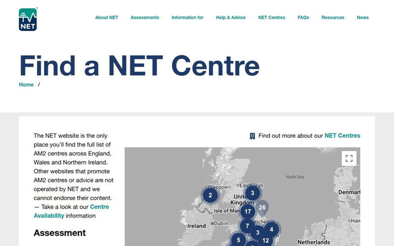 The Find a NET Centre map and filters
