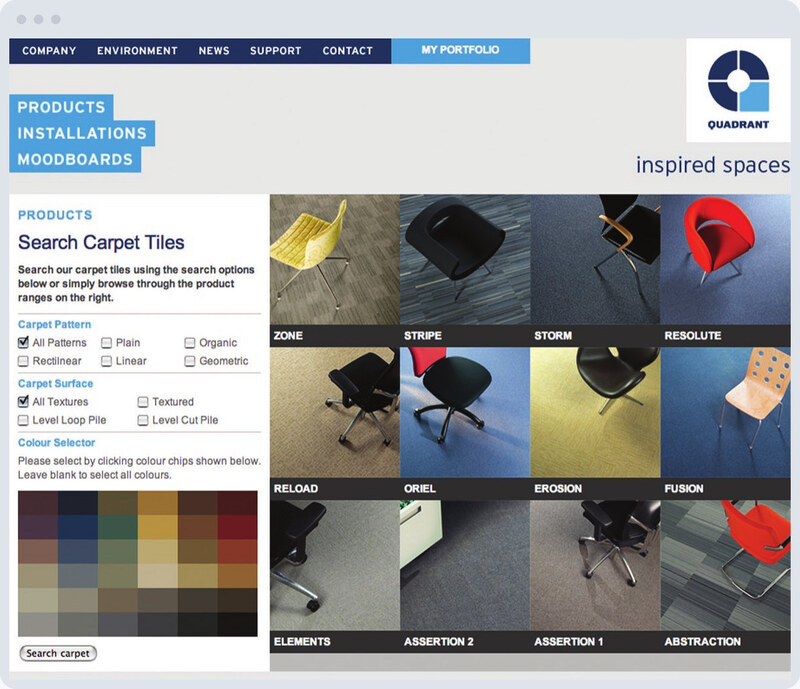 The Quadrant carpet tile search page, with pattern, surface and colour filters