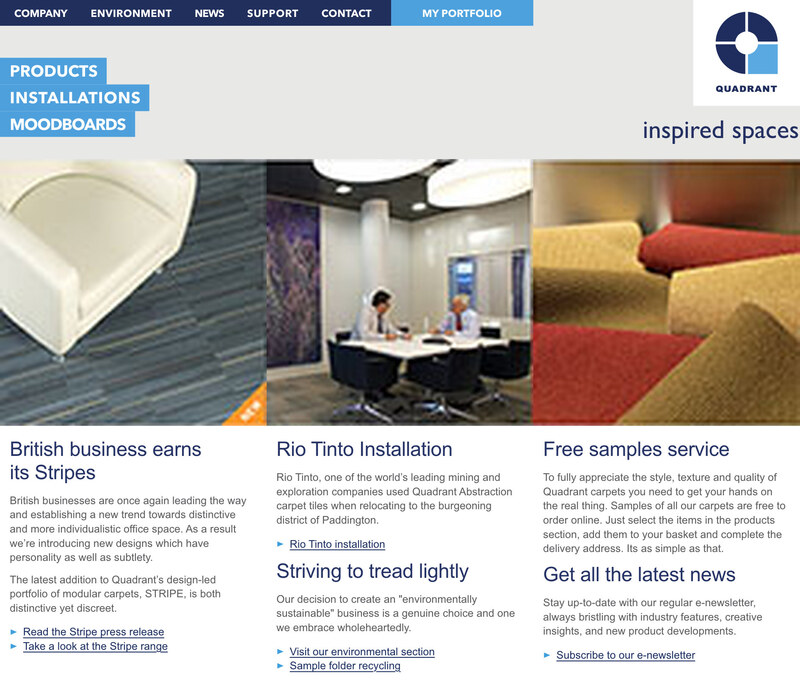 The Quadrant Carpets website homepage, with product, installation and moodboard sections