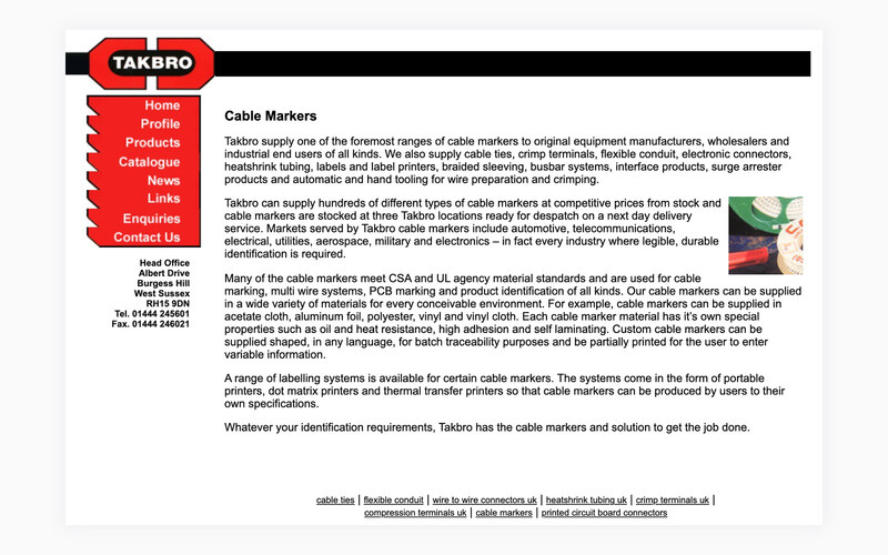 The Takbro cable markers page, following the same layout as the rest of the catalogue