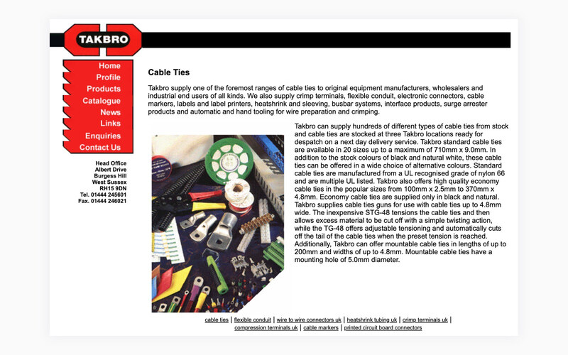 The Takbro cable ties page, describing the range and the sizes carried in stock