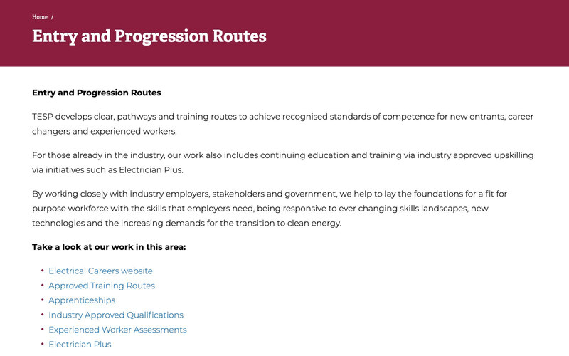 La page des parcours d’entrée et de progression du site de The ESP, avec des liens vers les carrières, les parcours de formation, l’apprentissage et les qualifications
