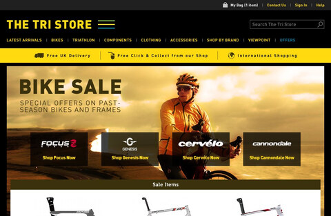 The Tri Store bike sale page, with shortcuts to Focus, Genesis, Cervélo and Cannondale and a carousel of discounted framesets