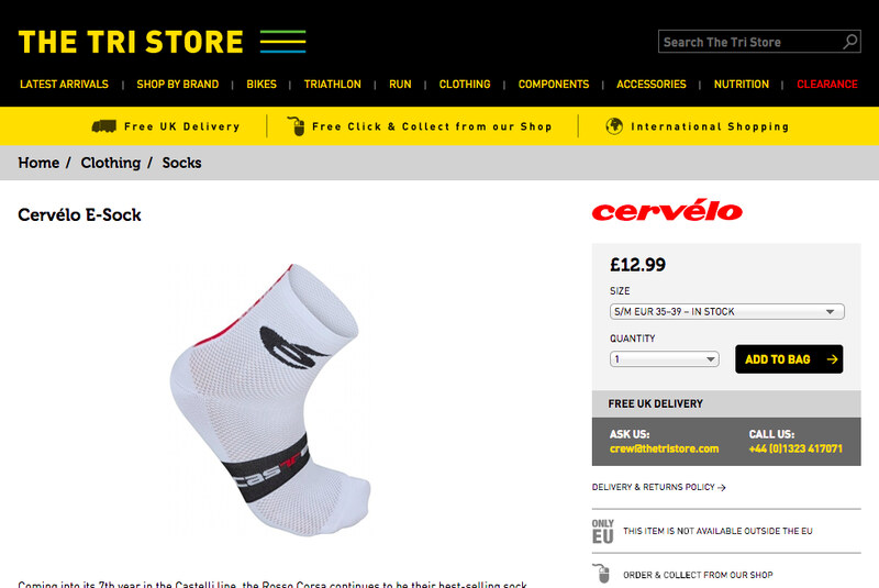 The Tri Store product page, with price, size, stock and add to bag