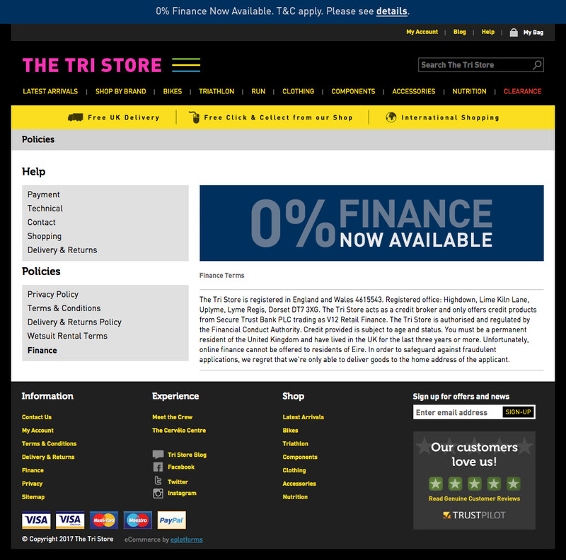 The Tri Store finance page, showing 0% finance and accepted payment cards