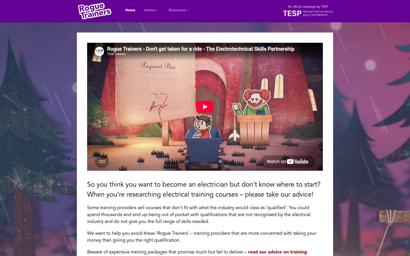 La page d’accueil de la campagne Rogue Trainers