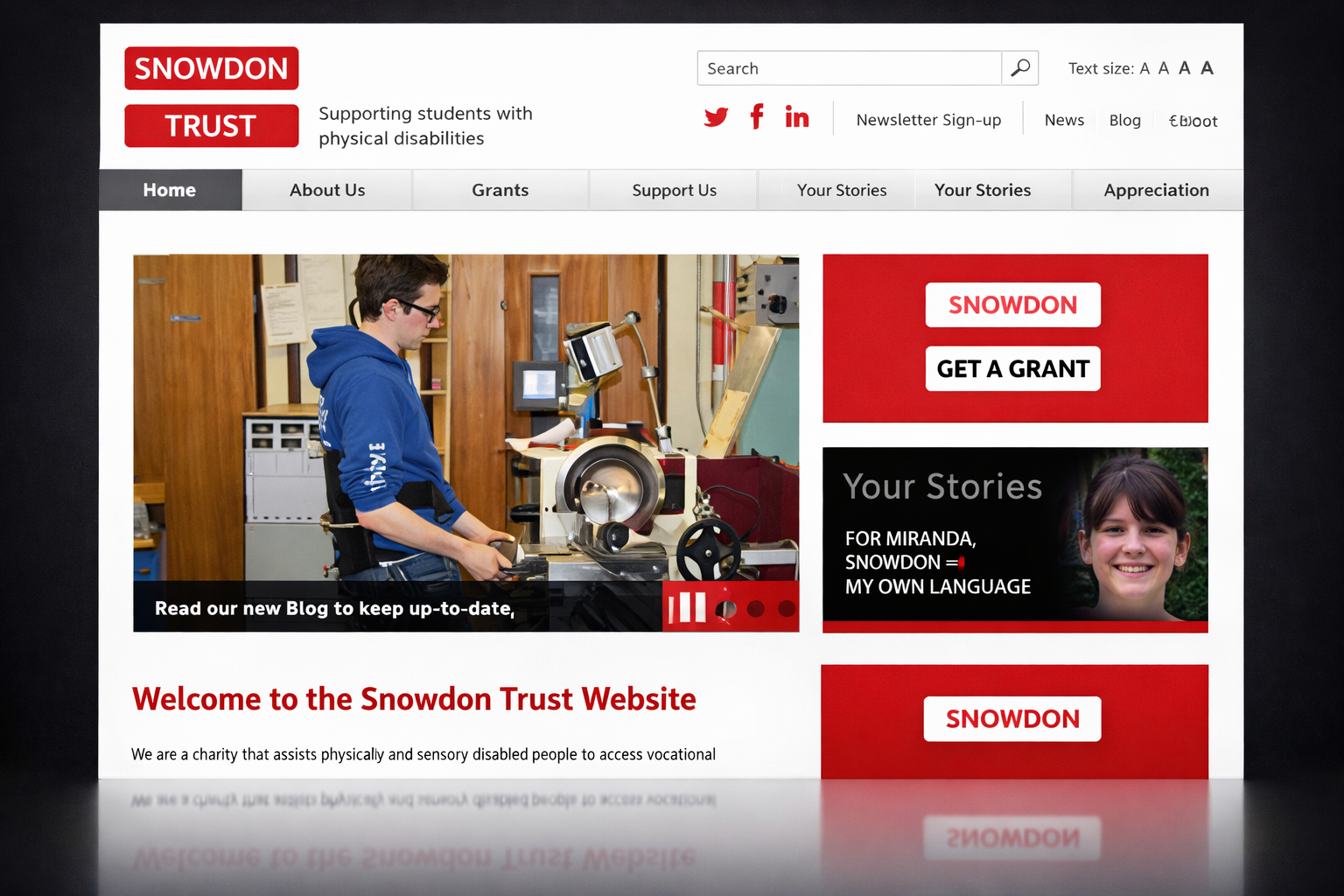 تصميم الصفحة الرئيسية الحائز على جوائز لـ Snowdon Trust