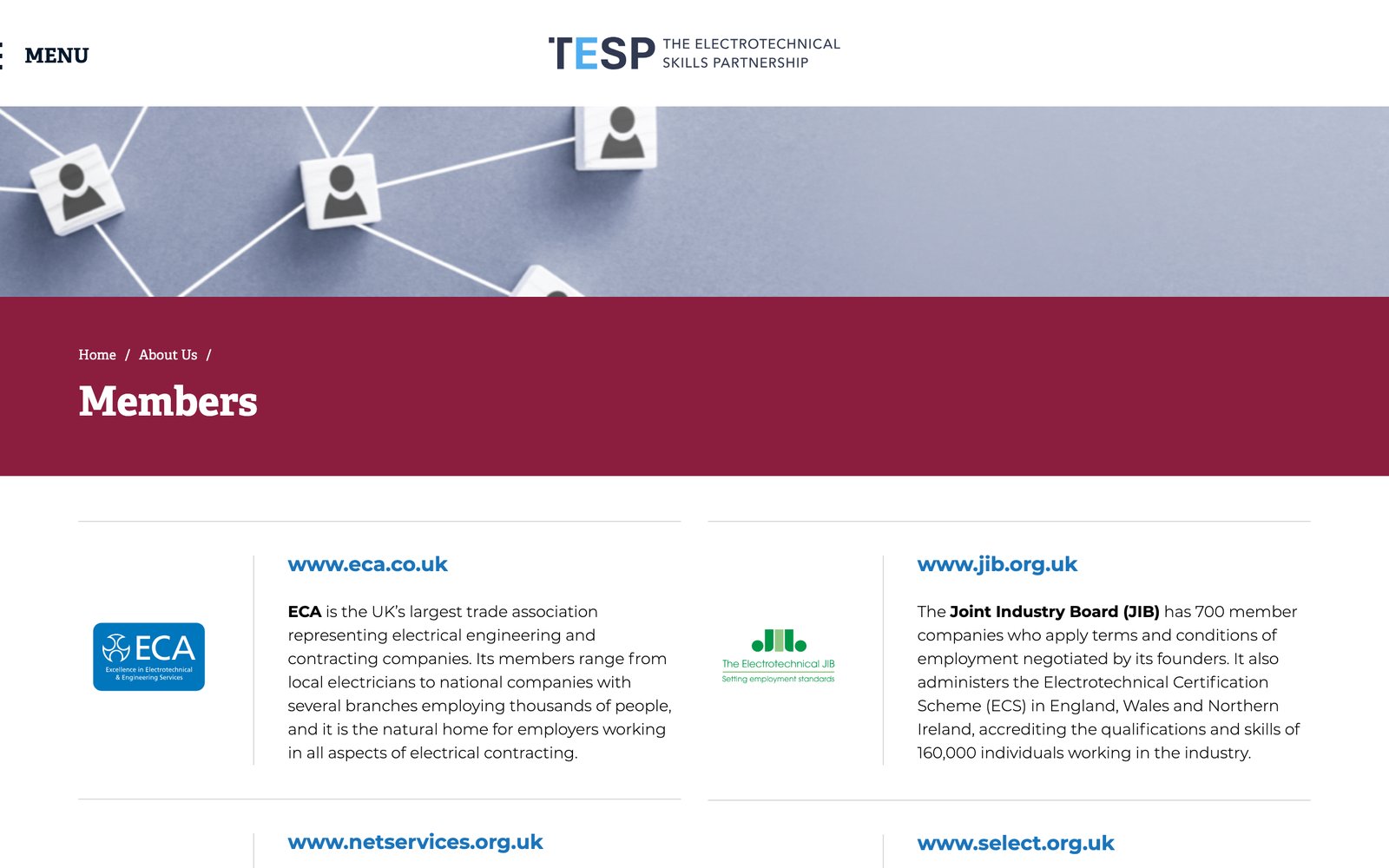The Members page on The ESP website, introducing the ECA, the JIB, NET, SELECT and Unite the Union