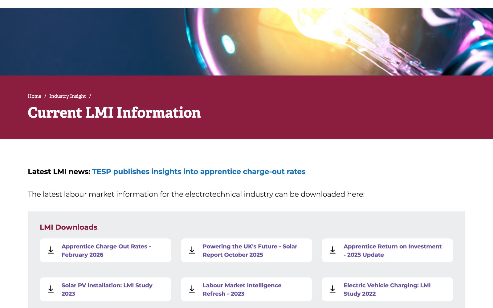 The Current LMI Information page on The ESP website, with a library of labour market reports to download