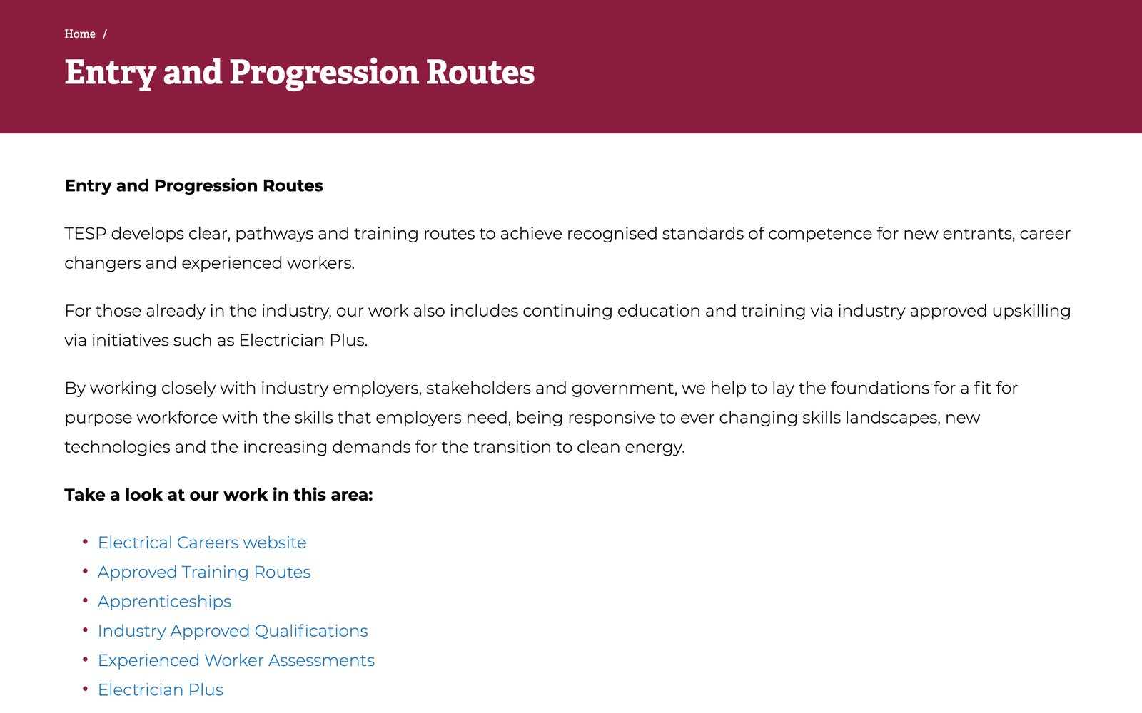 The Entry and Progression Routes page on The ESP website, with links to careers, training routes, apprenticeships and qualifications
